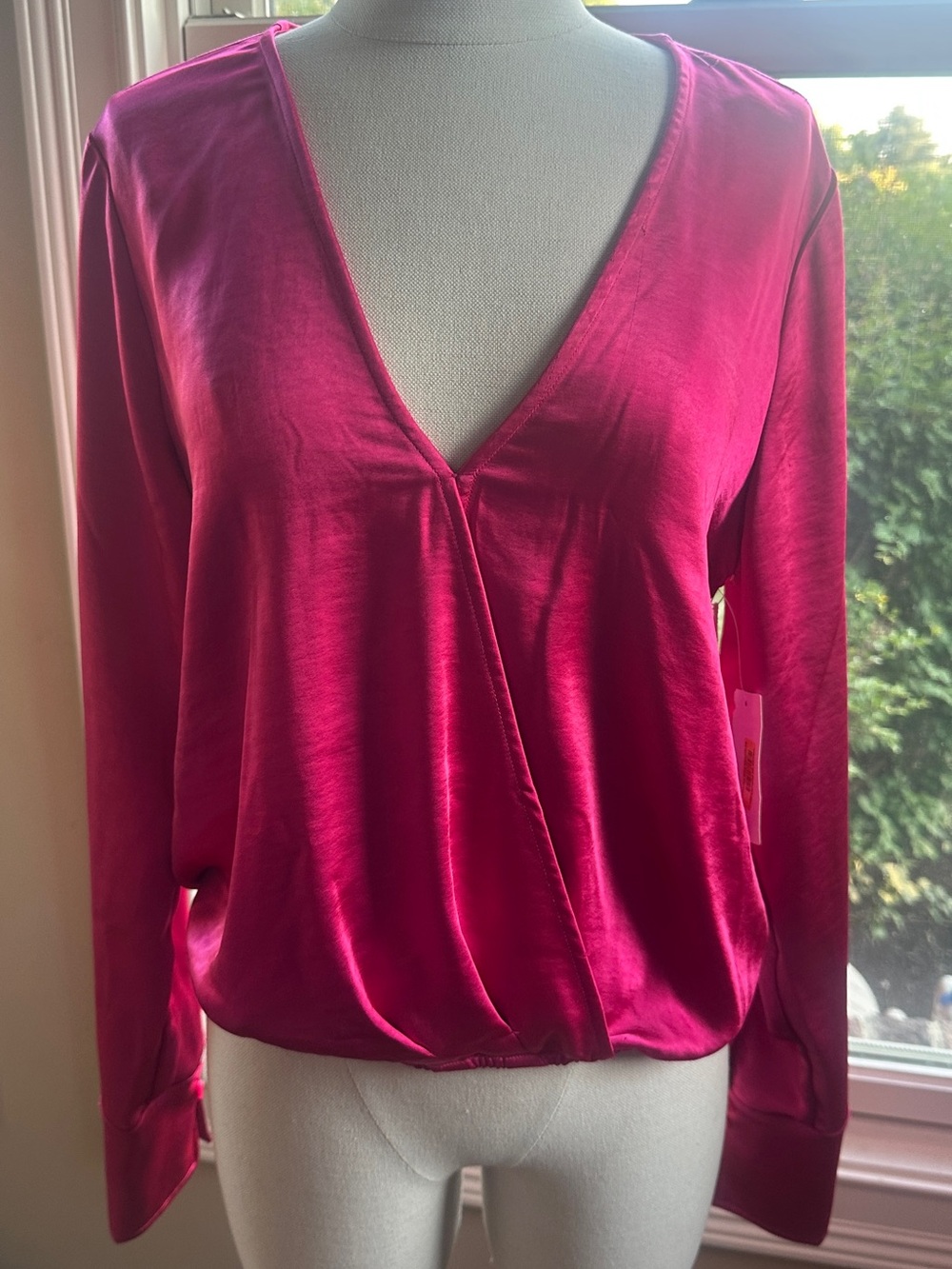 NWT Good American Long Sleeve Stretch Satin Faux Wrap Top, FLAW